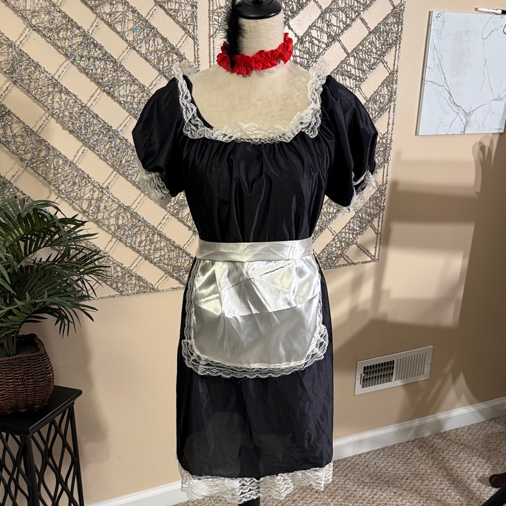 Y2K Black and White French Maid Costume with Apron and garter